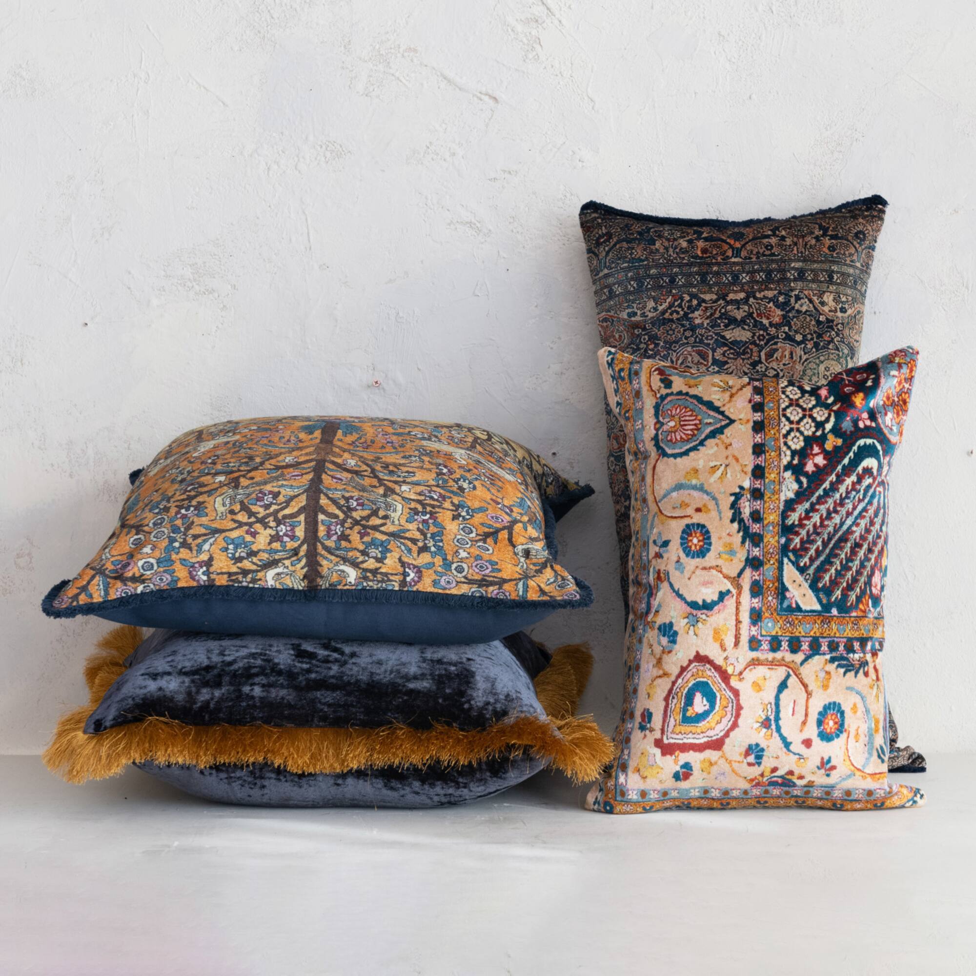 Hello Honey® 20" x 20" Navy & Gold Silk Fringed Pillow